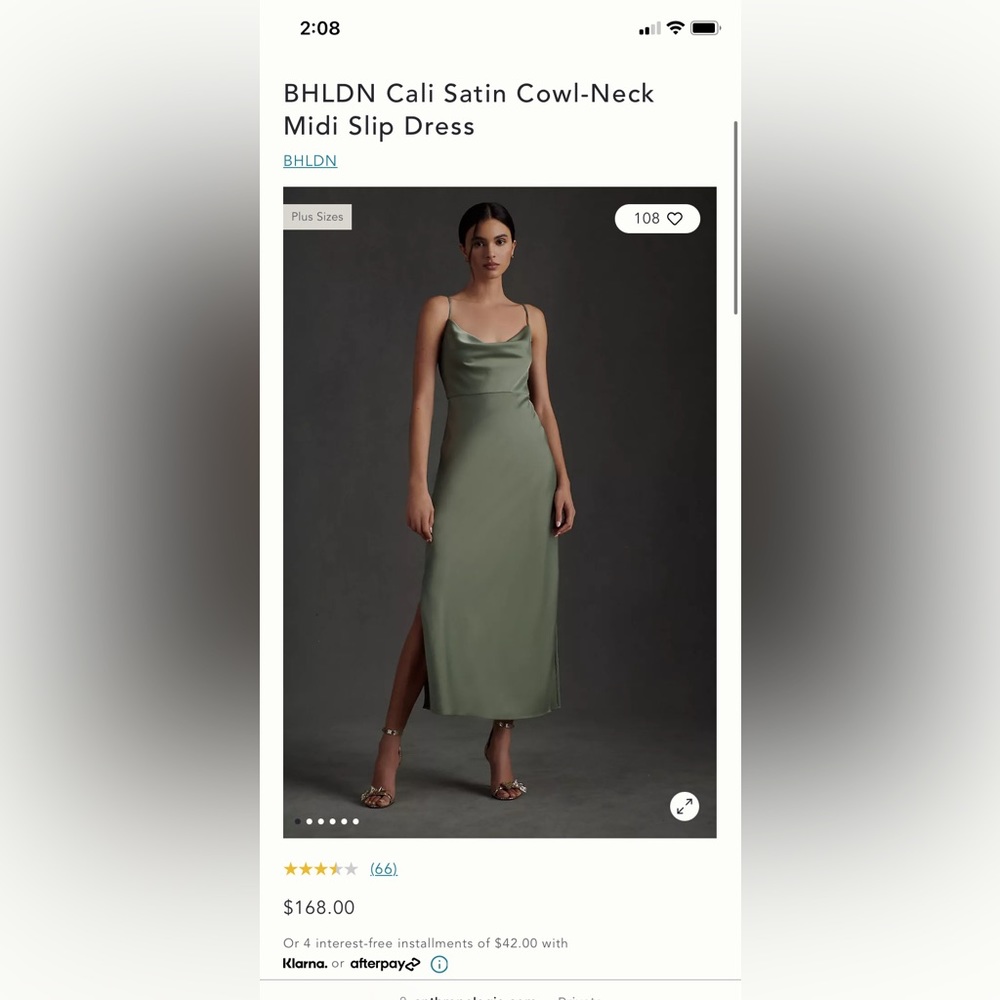 BHLDN used Cali Satin Cowl Neck Dress in Sage green size 14